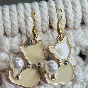 Gold and Cream Cat Earrings with Pearl Accent